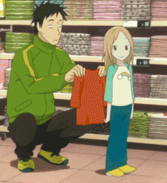 Rin and Daikichi trying to determine the right size shirt. Bunny Drop animated gif