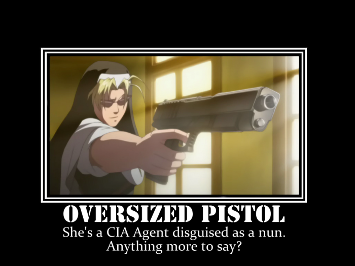 actuly shes a nun with a oversized gun