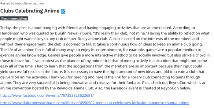 Duluth News Tribune talks about a Library that has an anime club