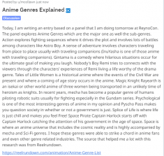 Anime Genres Explained 
Reelrundown gave me a helpful guide for anime genres
